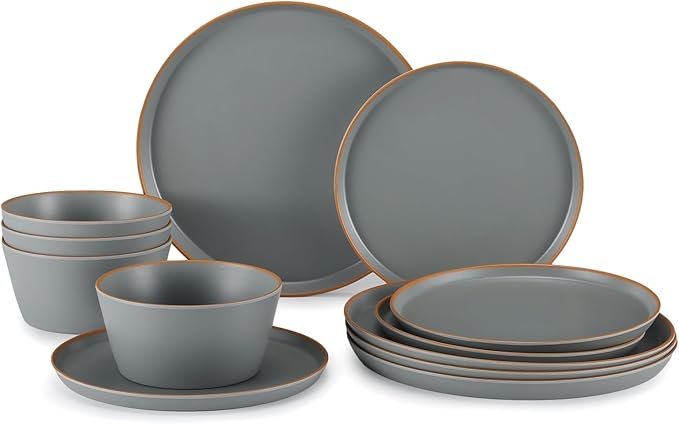 Melamine Dinnerware for 4, 12 Pieces Unbreakable Matte Plastic Plates and Bowls set, Kitchen Dish set BPA Free, Dishwasher Top Safe, Not Microwave, Not Oven (Grey)