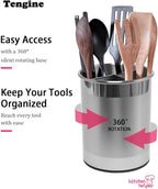 TENGINE Stainless Utensil Holder 360° Rotating 6.5X5.25 Inch Utensil Crocks for Kitchen Counter with Removable Divider Red