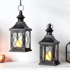 TRIROCKS Set of 2 Decorative Candle Lantern 11'' High Metal Candle Holder Hanging Lantern Perfect for Home Decor Halloween Living Room Parties Events Tabletop Indoors Outdoors (Black with Gold Brush)