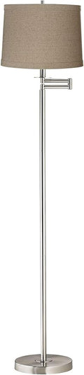 360 Lighting Modern Swing Arm Floor Lamp Adjustable 60.5" Tall Brushed Nickel Silver Natural Linen Fabric Drum Shade Standing Light for Living Room Reading House Bedroom