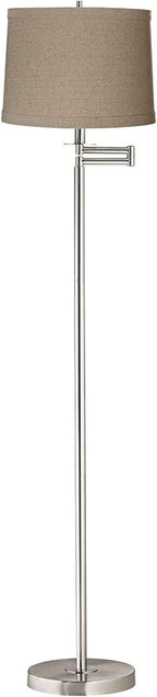 360 Lighting Modern Swing Arm Floor Lamp Adjustable 60.5" Tall Brushed Nickel Silver Natural Linen Fabric Drum Shade Standing Light for Living Room Reading House Bedroom