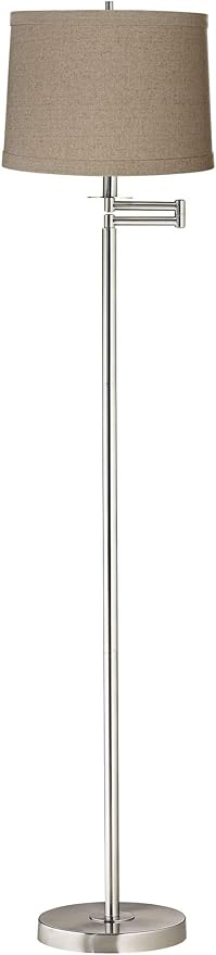360 Lighting Modern Swing Arm Floor Lamp Adjustable 60.5" Tall Brushed Nickel Silver Natural Linen Fabric Drum Shade Standing Light for Living Room Reading House Bedroom