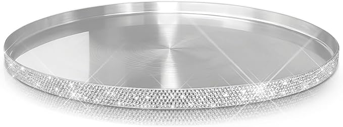 Round Bling Stainless Steel Serving Tray, Shiny Serving Platter for Coffee Table Display, Glitter Rhinestones Decorative Tray for Home Decor (Silver-15.8 inch)