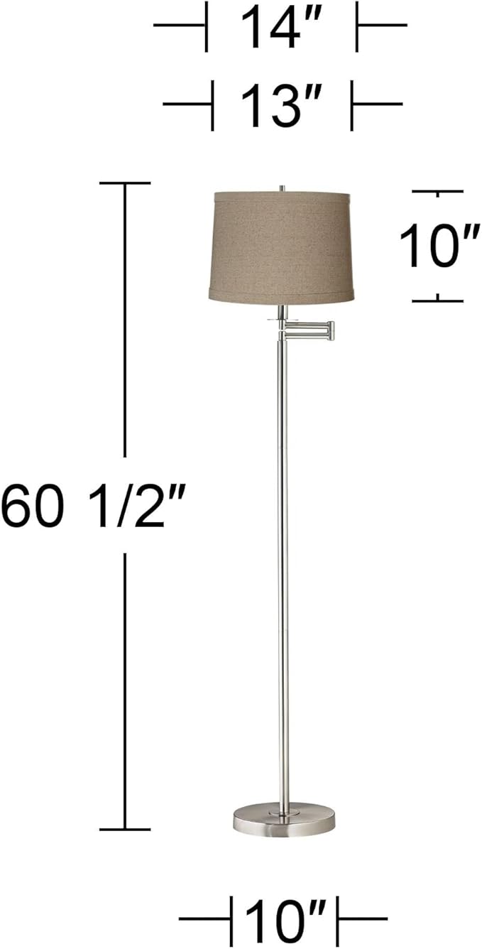 360 Lighting Modern Swing Arm Floor Lamp Adjustable 60.5" Tall Brushed Nickel Silver Natural Linen Fabric Drum Shade Standing Light for Living Room Reading House Bedroom
