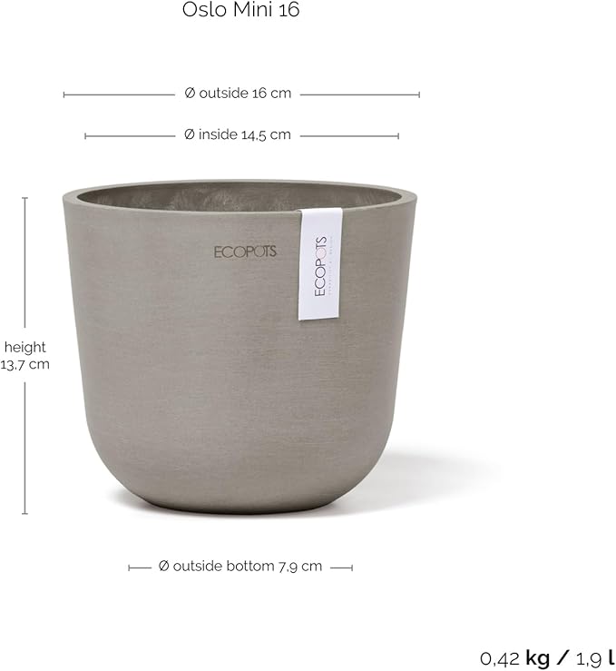 Ecopots Oslo Mini Durable Modern Round Indoor/Outdoor Recycled-Based Composite Flower Pot Planter, Taupe, 6"