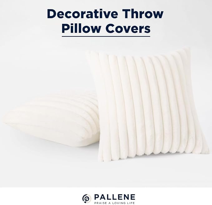 Pallene Faux Fur Plush Christmas Throw Pillow Covers 26x26 Set of 2, Luxury Soft Fluffy Striped Decorative Pillow Covers for Sofa, Couch, Living Room, Cream White