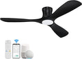 52” Smart Wood Low Profile Ceiling Fan with Lights Remote,Quiet DC Motor,Outdoor Indoor Flush Mount Ceiling Fans Controlled by WIFI Alexa App,Modern Black for Bedroom Living Room Patio Porch
