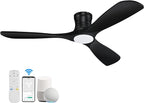 52” Smart Wood Low Profile Ceiling Fan with Lights Remote,Quiet DC Motor,Outdoor Indoor Flush Mount Ceiling Fans Controlled by WIFI Alexa App,Modern Black for Bedroom Living Room Patio Porch