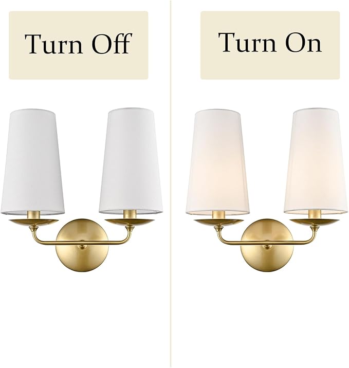 Modern Gold 2-Light Wall Sconces Hardwired Brass Double Sconce with Fabric Shade for Bedroom, Fireplace, Staircase, Bathroom, Hallway