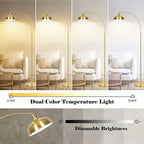 Gold Floor Lamps for Living Room- Arc Floor Lamps with 9W Bulb, 360° Adjustable Metal Shade, Remote Control Dimmable Floor Lamp, Over Couch Mid Century Modern Brass Floor Lamp for Bedroom, Office