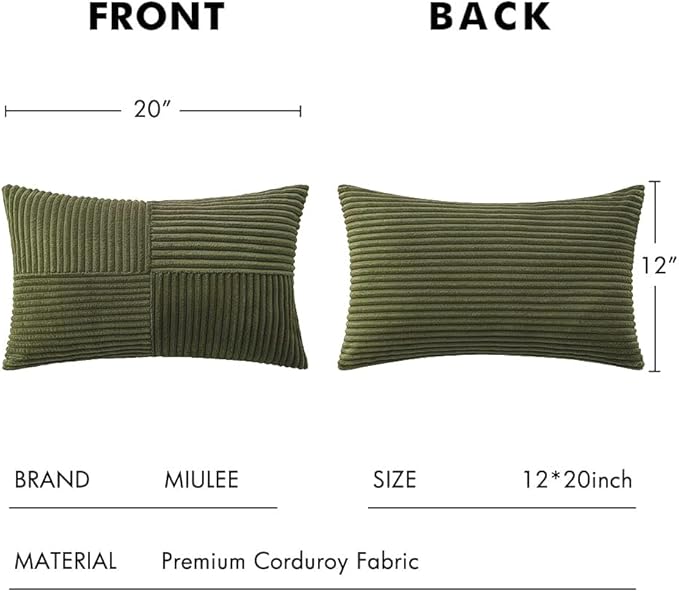MIULEE 12x20 Inch Boho Lumbar Accent Pillows Set of 2 - Olive Green Corduroy Textured Throw Pillow Covers with Cross Patchwork Design, Soft Spliced Decorative for Sofa, Bed & Reading Nook