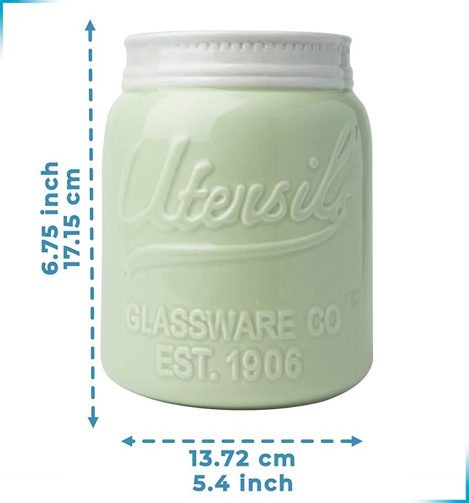 Comfify Wide Mouth Mason Jar Utensil Holder Decorative Kitchenware Organizer Crock, Dishwasher Safe - Kitchen Caddy Green, Large Size 7" Hight
