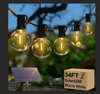 34FT G40 Solar String Lights, Globe Outdoor String Lights with 15 E12 Waterproof LED Bulbs, 2700K Shatterproof Patio Lights, Solar Powered Hanging Lights