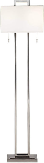 Possini Euro Design Modern Standing Floor Lamp Double Tier 62" Tall Brushed Nickel Silver Openwork Rectangular Off White Fabric Shade Decor for Living Room Reading House Bedroom Home
