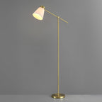 69" Floor Lamp, Swing Arm, Matte Brass Plated, White Tapered Fabric Shade, On/Off Rotary Switch on Socket, 5-Foot Clear Cord, 1-Light, 40W E26/Medium Base Bulb