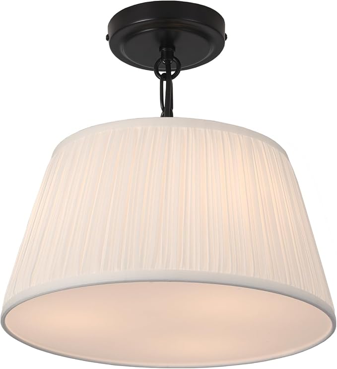 Electro bp; 12.6”Dia White Pleated Drum Shade Close to Ceiling Light Fixture Modern Classic Brocade Fabric Cone Shape Semi-Flush Mount,Matte Black Painted,2 Sockets,E26,120W;