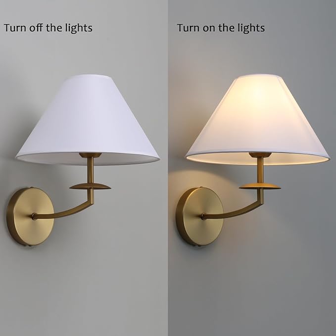 PERMO Vintage Wall Sconce Antique Rustic Gold Sconces wiht White Textile Fabric Shade Hardwired Sconce Indoor Wall Lights for Living Room Bedroom Kitchen Dining Room Home Office