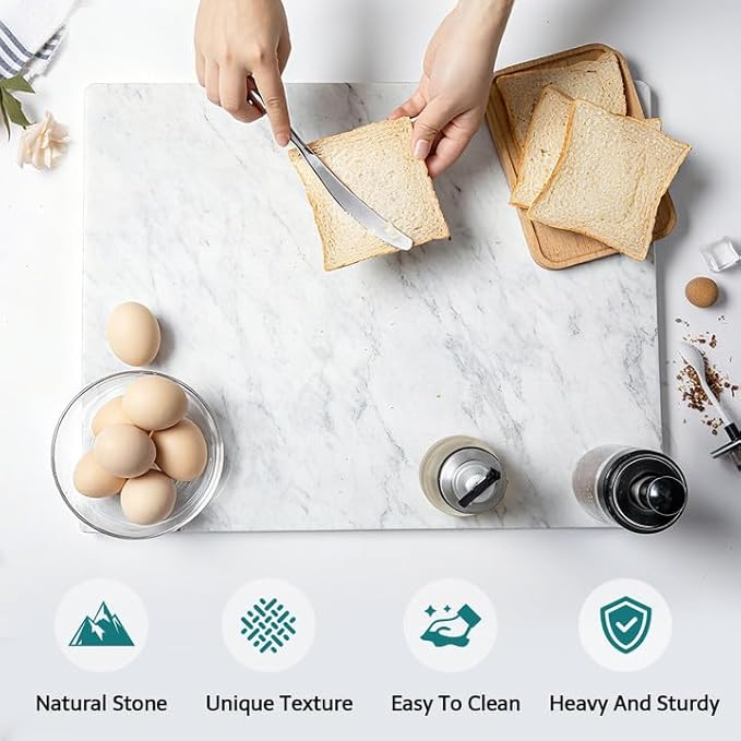 Marble Pastry Board, White Carrara Marble Cutting Board 16 x 12 Inches with Non-Slip Feet for Rolling Dough, Cheese, Pastries, Fruits and Vegetables