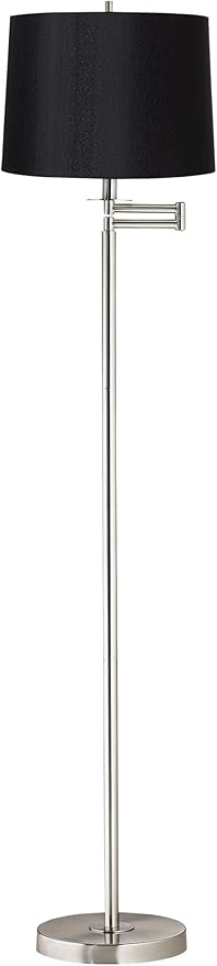 360 Lighting Modern Swing Arm Floor Lamp Standing 60 1/2" Tall Brushed Nickel Silver Adjustable Black Hardback Drum Shade Decor for Living Room Reading House Bedroom Office