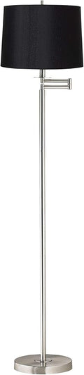 360 Lighting Modern Swing Arm Floor Lamp Standing 60 1/2" Tall Brushed Nickel Silver Adjustable Black Hardback Drum Shade Decor for Living Room Reading House Bedroom Office