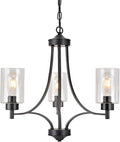 3 Lights Black Traditional Chandelier Rustic Kitchen Island Lighting Fixtures Hanging Clear Glass Cylinder Pendant Lights Classic Ceiling Light for Dining Room Bedroom Foyer