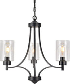 3 Lights Black Traditional Chandelier Rustic Kitchen Island Lighting Fixtures Hanging Clear Glass Cylinder Pendant Lights Classic Ceiling Light for Dining Room Bedroom Foyer