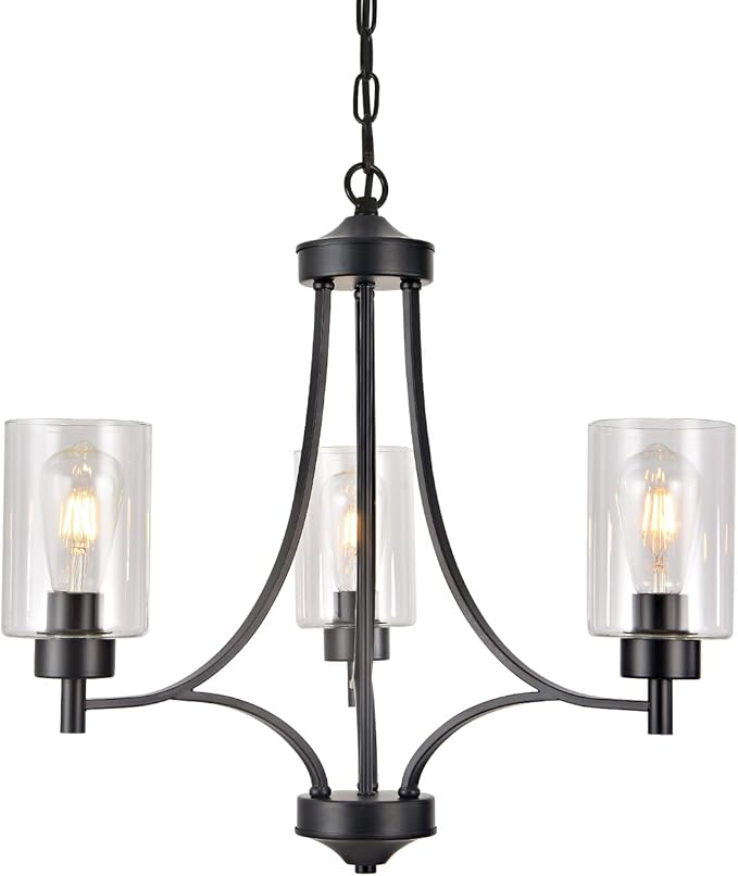 3 Lights Black Traditional Chandelier Rustic Kitchen Island Lighting Fixtures Hanging Clear Glass Cylinder Pendant Lights Classic Ceiling Light for Dining Room Bedroom Foyer