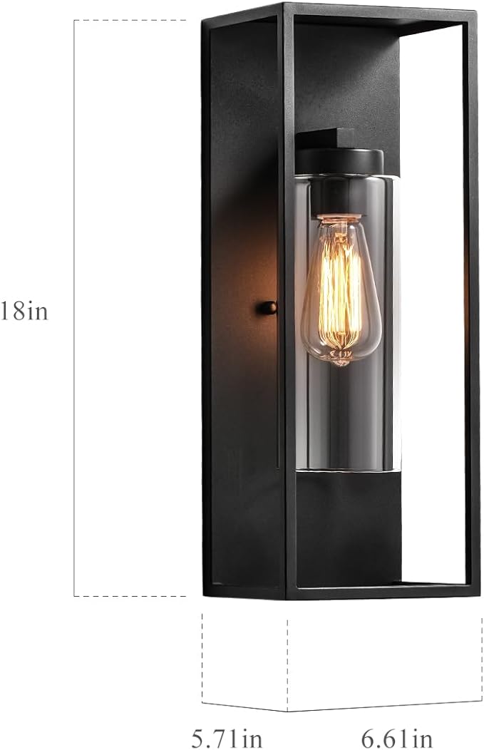 mirrea 18" Classic Outdoor Wall Sconce 1 Light in Cylinder Glass Shade and Matte Black Rectangular Metal Frame Waterproof Porch Light Patio Light Pack of 2