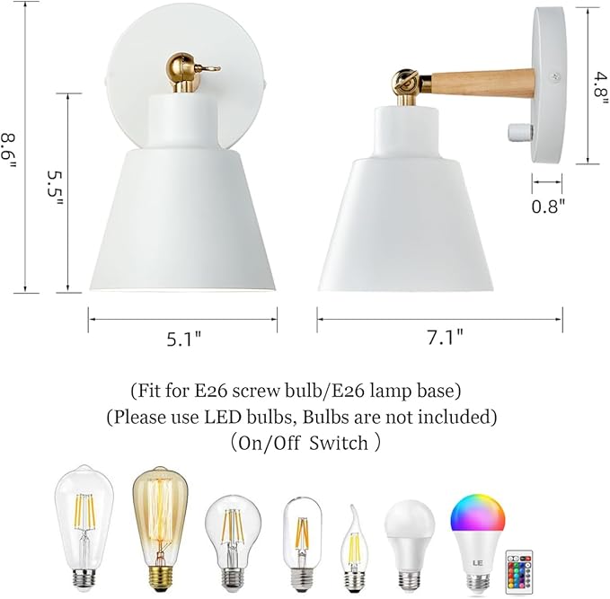 ClanKin White Wall Sconces Lighting Fixture Set of 2, Angle Adjustable Wall Mounted Bedside Lamp with On-Off Switch for Industrial Bedroom Bathroom Hallway Living Room (2Pack-White)