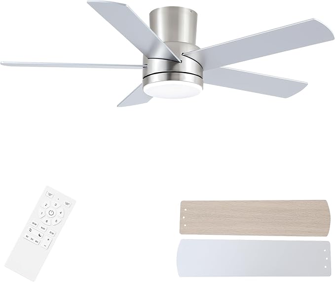 YUHAO 44 Inch Flush Mount Brushed Nickel Ceiling Fan with Light and Remote Control.Noiseless,Dimmable,3CCT,6 Speeds Reversible, Low Profile DC Ceiling Fans for Indoor Use