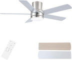 YUHAO 44 Inch Flush Mount Brushed Nickel Ceiling Fan with Light and Remote Control.Noiseless,Dimmable,3CCT,6 Speeds Reversible, Low Profile DC Ceiling Fans for Indoor Use