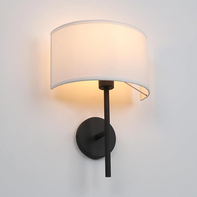 Yosoan Fabric Wall Sconce Indoor Bedside Wall Lamp Fixture, Vintage Industrial Hardwired Brass Boho Semi Circular with White Half Moon Shade for Reading Bedroom Living Room Dinning Room(Black)