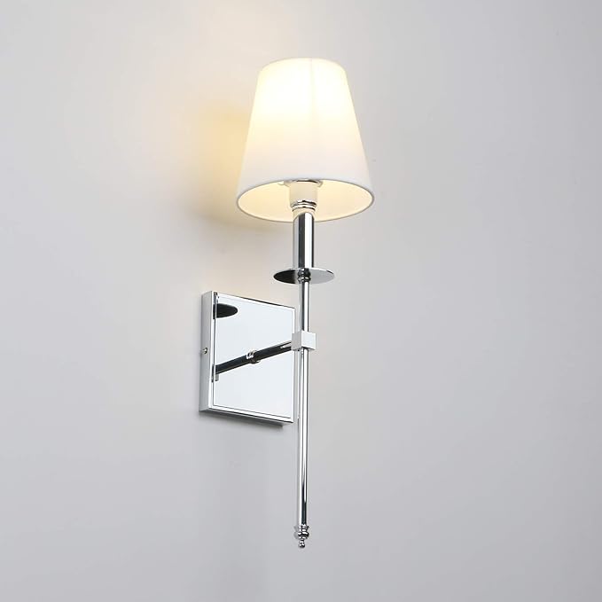 PERMO Single Classic Rustic Industrial Wall Sconce Lighting Fixture with Flared White Textile Lamp Shade and Chrome Tapered Column Stand