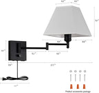 Swinging arm Wall lamp, Fabric lampshade, with Plug and dimming Rotary Switch, USB and Type-C Charging Port, Suitable for Bedside, Living Room, Hotel and Bedroom Wall Lamps