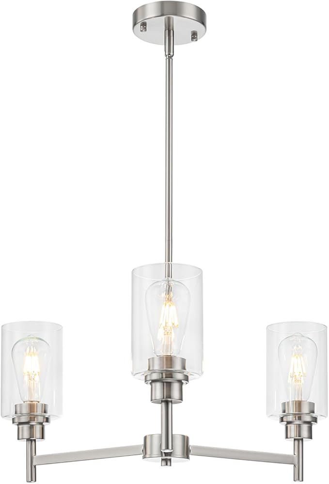 Brushed Nickel Chandeliers for Dining Room Farmhouse Chandelier Fixture with Clear Glass Shades 3 Light Kitchen Island Lighting Pendant Light Fixture for Dining Room Living Room Bedroom