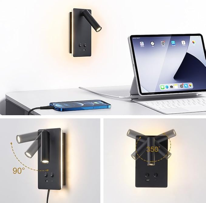 MOLUOLA LED Wall Lamp Wall Mounted Reading Lights, Adjustable Headboard Plug in Wall Sconce with USB C+A Ports, Headboard Bedside Lamp with 9W+3W Night Light 3000K (Black)