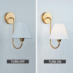 Vintage White Linen Shade Single Wall Sconce, Retro Swoop Wall Lamp with Metal Antique Brass Pole, Gooseneck Light Fixture Design for Elegant Home Lighting, Bedroom (Brass)