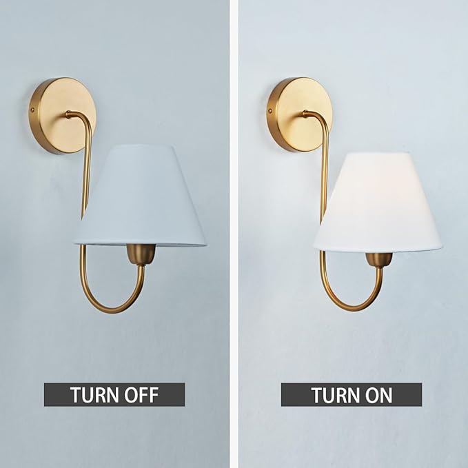 Vintage White Linen Shade Single Wall Sconce, Antique Brass Pole Retro Swoop Wall Sconce, Elegant Metal Light Fixture for Bedroom, Living Room,Beside The Mirror