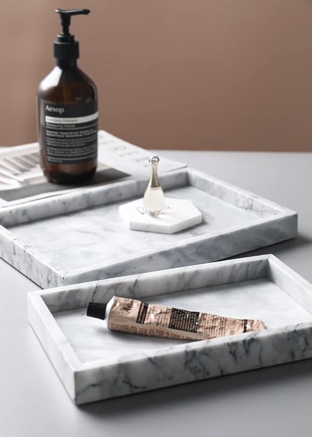 Real Natural Marble Vanity Tray, Genuine Marble Storage Tray for Cosmetics/Jewelry, Non-Resin/Non-Ceramic, Dresser Organizer Tray, Bathroom Tray, Home Decor, Kitchen, Coffee Table, 12 x 8 inch