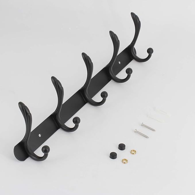 Coat Rack Wall Mounted - 5 Tri Hooks, Heavy Duty, Metal Coat Hook Rail for Coat Hat Towel Purse Robes Mudroom Bathroom Entryway (Black)