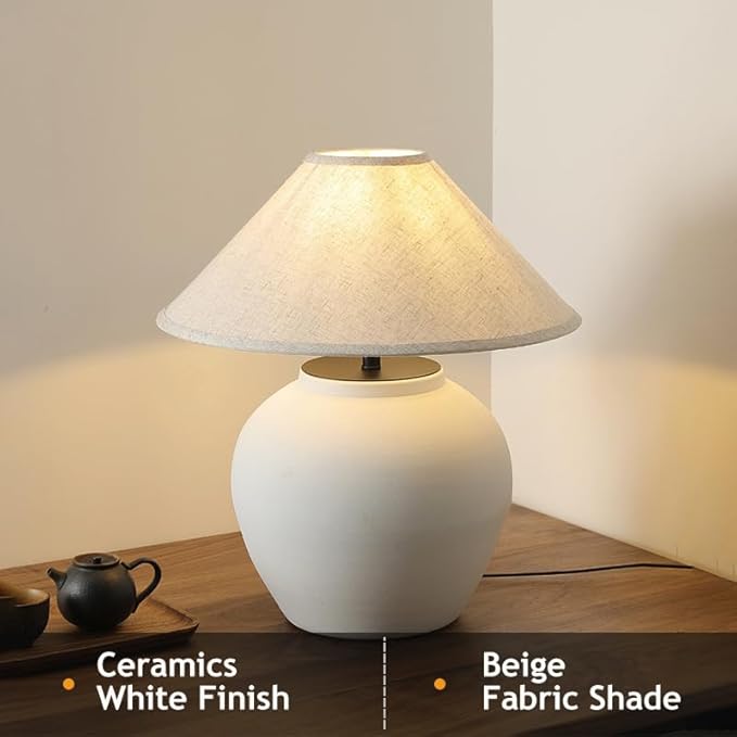 Farmhouse Table Lamps Black 18.8" Tall Ceramic Table Lamp Rustic Southwestern Clay Pot Ceramic Lampshade with Fabric Shade Bedside Nightstand for Living Room Bedroom House Office Entryway (White)