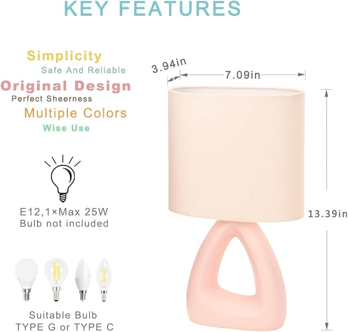 Lampwell LILA Small Table Lamp for Living Room as Bedside Table Lamp for Bedroom,Modern Ceramic Table Lamp,Kids Table Lamp,Night Table Lamp,6.7×3.94×H11.8IN,Bulb Excluded,Light Pink Table Lamp