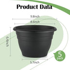 Plant Pots Set of 5, 10" Outside Diameter Flower Pots, 8.5" Inner Diameter Planters with Drainage Hole, Durable Perfect for Indoor & Outdoor Plant Planting, Decor, Black