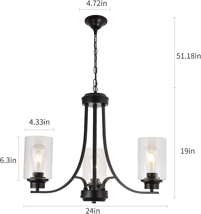3 Lights Black Traditional Chandelier Rustic Kitchen Island Lighting Fixtures Hanging Clear Glass Cylinder Pendant Lights Classic Ceiling Light for Dining Room Bedroom Foyer
