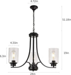 3 Lights Black Traditional Chandelier Rustic Kitchen Island Lighting Fixtures Hanging Clear Glass Cylinder Pendant Lights Classic Ceiling Light for Dining Room Bedroom Foyer