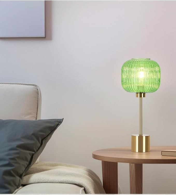 Green Glass Table Lamp with 3 Way Dimmable and Touch Control, Mid Century Modern Vintage Bedside Table Lamp for Bedroom Living Room End Table