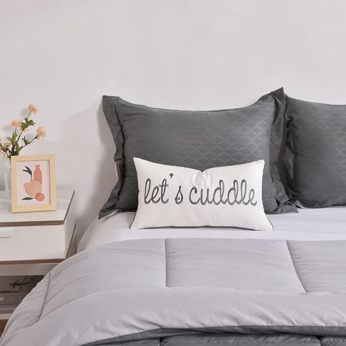 Sunkifover Decorative Rectangle Pillow Covers 12x20 Inches, Soft Solid Lumbar Pillowcase, Embroidered Rectangular Cushion Covers with Let's Cuddle Quote for Bed, Bedroom (Color Grey)