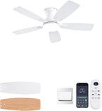 42inch Ceiling Fans with Lights, Low Profile Ceiling Fan with Light and Remote Control/APP Control, DC Reversible Motor, Noiseless, Flush Mount White Ceiling Fan for Bedroom, Indoor/Outdoor Use