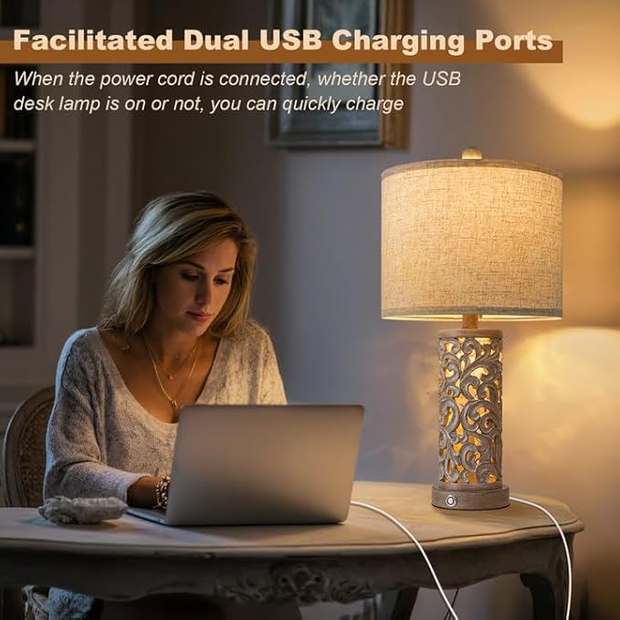 22" Dual Light Table Lamp,Lamps for Bedroom with USB A+C Charging Ports,Touch Lamp with 3-Level Dimming,Farmhouse Lamps for Living Room and Night Stands (Bulb Included)
