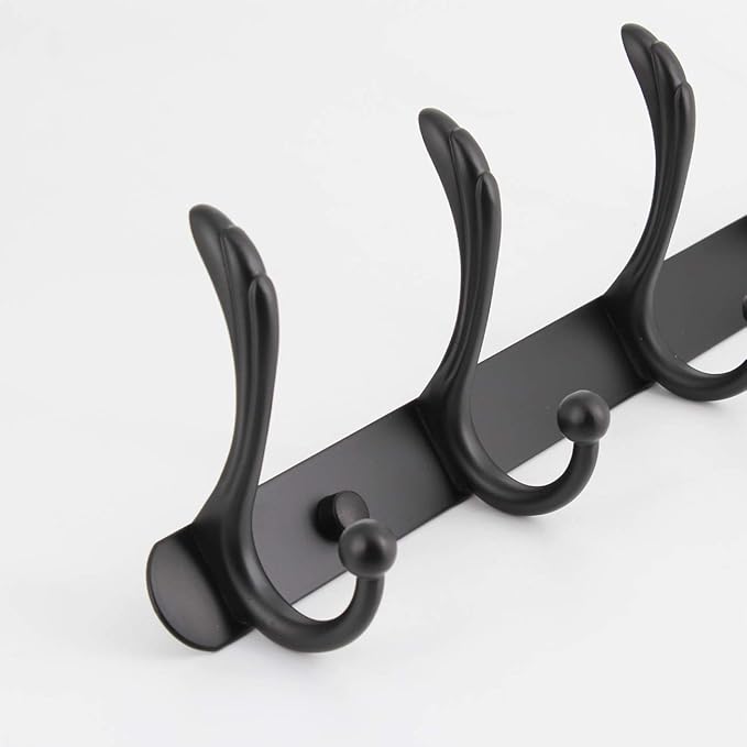 Coat Rack Wall Mounted - 5 Tri Hooks, Heavy Duty, Metal Coat Hook Rail for Coat Hat Towel Purse Robes Mudroom Bathroom Entryway (Black)